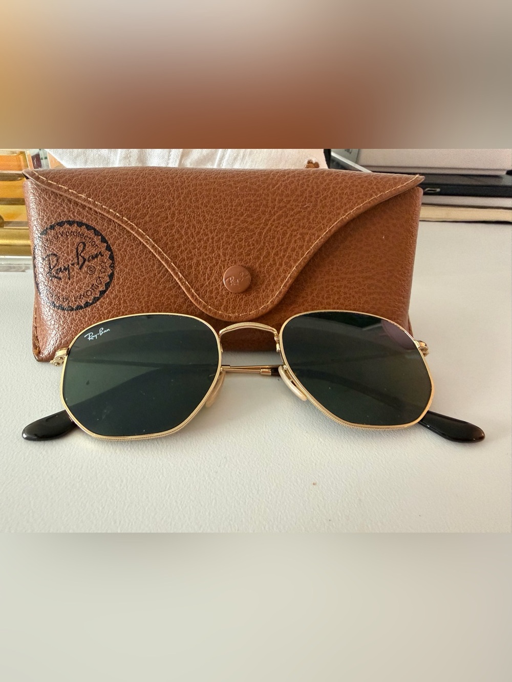 Ray-Ban Gold Frame Sunglasses with Dark Green Lenses and Brown Case